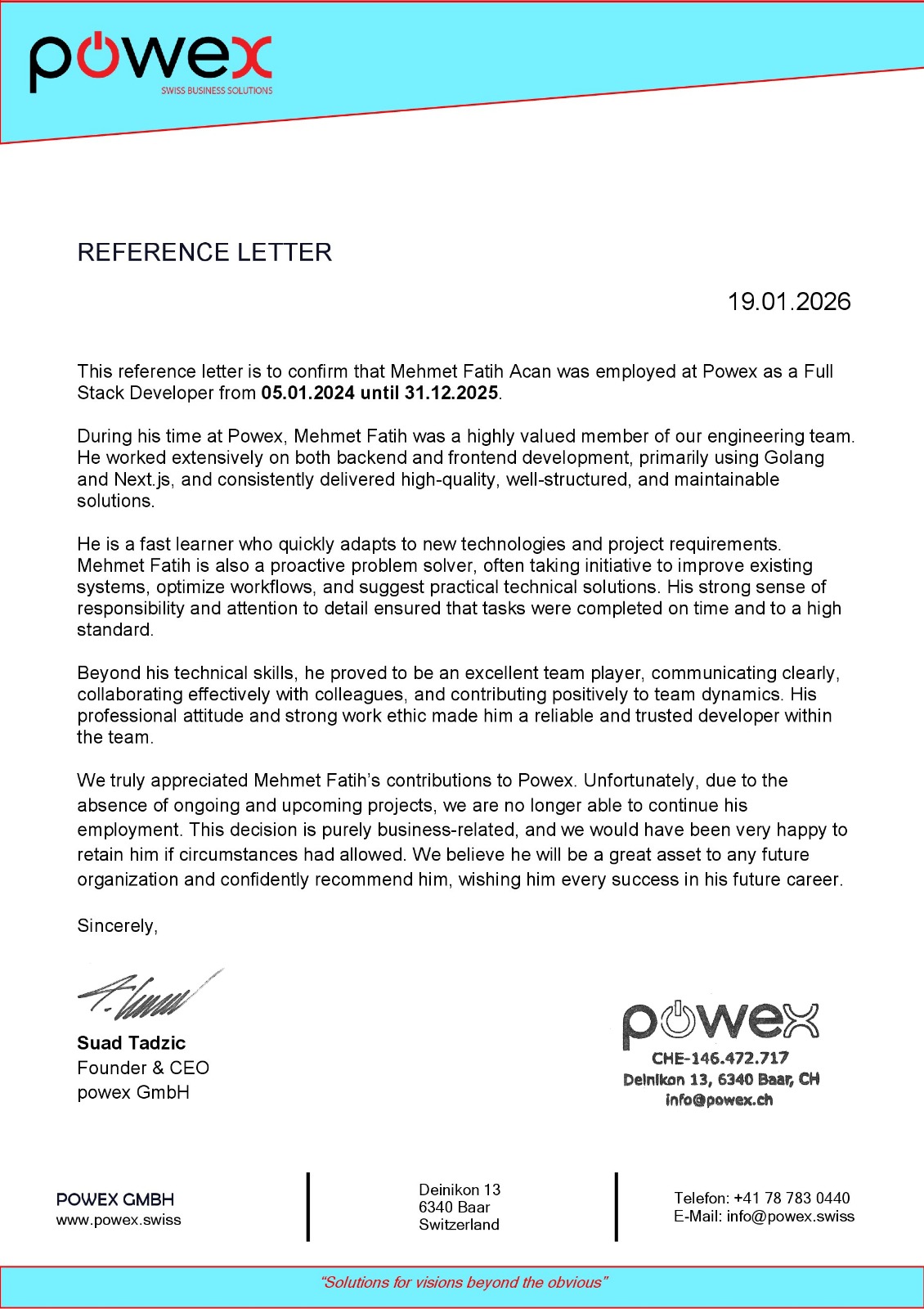 Reference from Suad Tadzic